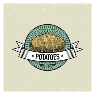 patates Etiketler amblem veya vejeteryan yemek için logo Vintage kümesi, sebze çizilmiş veya oyma el. Retro çiftlik Amerikan tarzı.