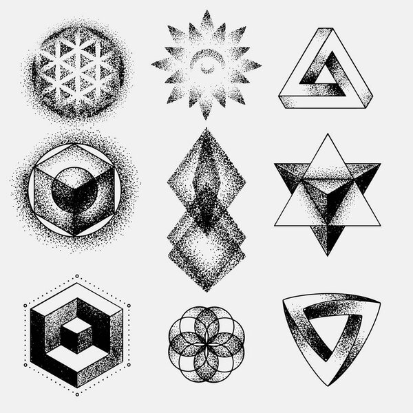 Набор невозможной и других форм татуировки, точечная работа, черная работа все сделано из точек. Геометрические, священные фигуры звезды и кубы
