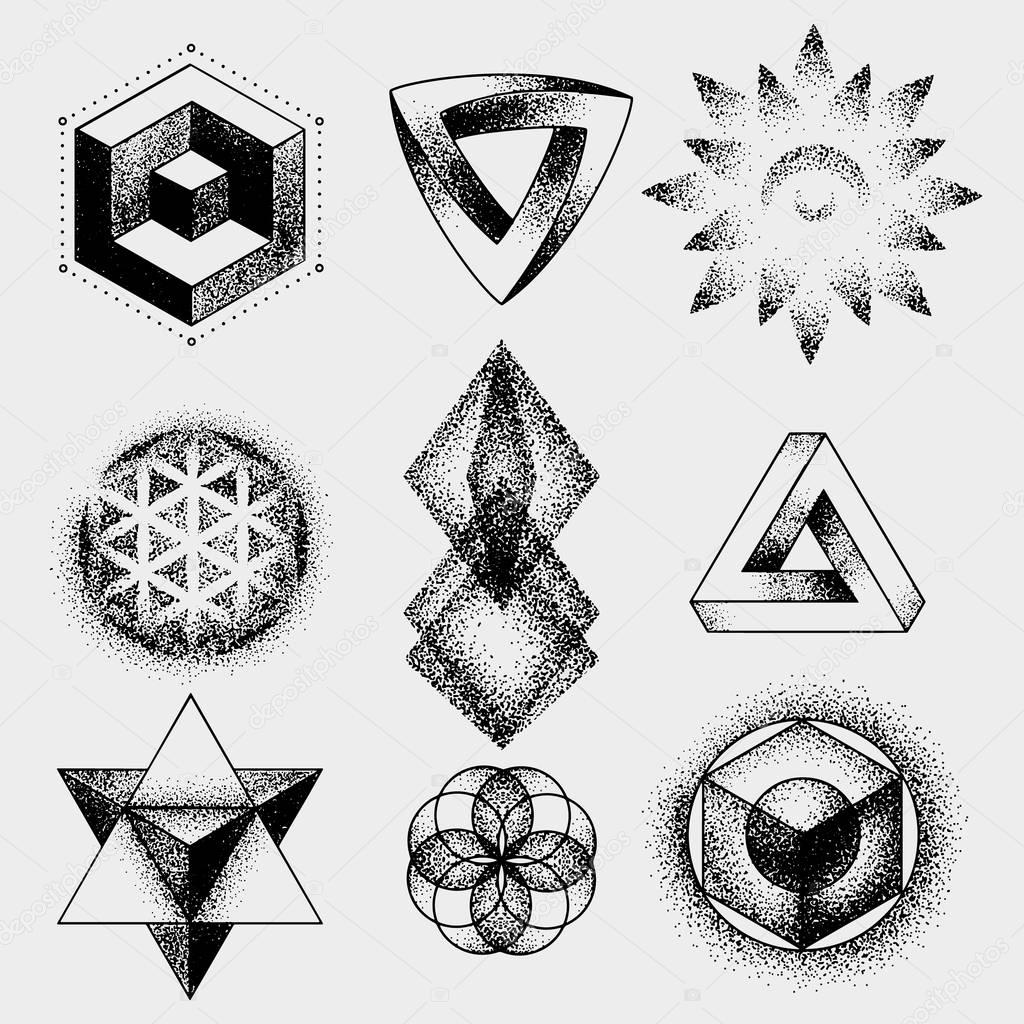 Set of impossible and other tattoo shapes, dotwork, blackwork all made of dots. Geometrical, sacred figures stars, triangle and squares.