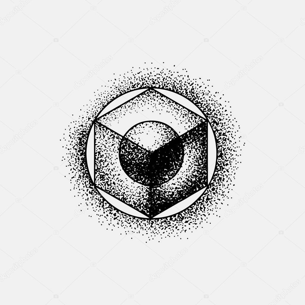 Set of impossible and other tattoo shapes, dotwork, blackwork all made of dots. Geometrical, sacred figures stars and cubes.