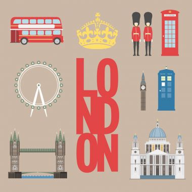 Londra seyahat bilgi grafik. Vektör çizim, Big Ben, göz, tower bridge ve Çift katlı otobüs, polis kulübesi, St Paul Katedrali, queens Muhafızlar, telefon.