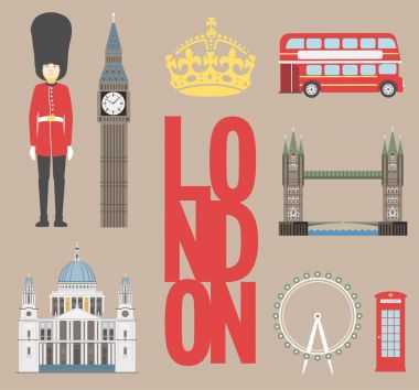 Londra seyahat bilgi grafik. Vektör çizim, Big Ben, göz, tower bridge ve Çift katlı otobüs, polis kulübesi, St Paul Katedrali, queens Muhafızlar, telefon.