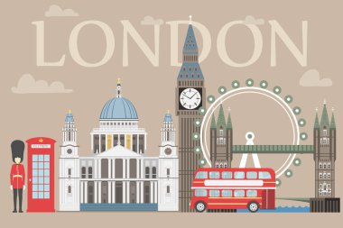 Londra seyahat bilgi grafik. Vektör çizim, Big Ben, göz, tower bridge ve Çift katlı otobüs, polis kulübesi, St Paul Katedrali, queens Muhafızlar, telefon.