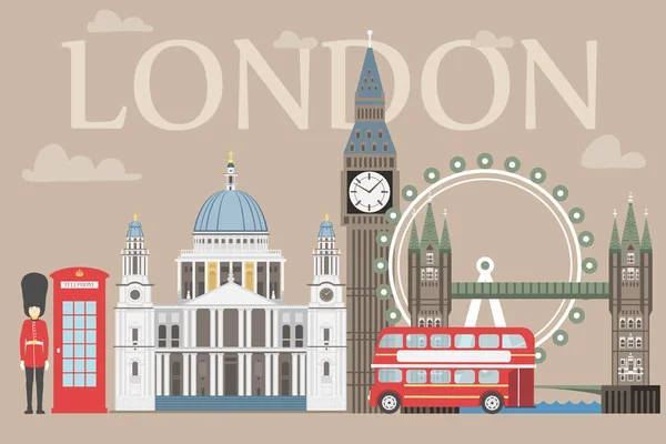 Londra informazioni di viaggio grafico. Illustrazione vettoriale, Big Ben, occhio, ponte torre e autobus a due piani, Casella di polizia, Cattedrale di San Paolo, guardie regine, telefono . — Vettoriale Stock