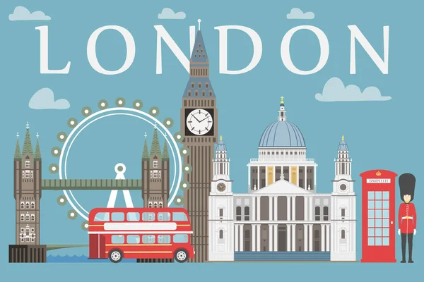 London travel info graphic. Vector illustration, Big Ben, eye, tower bridge and double decker bus, Police box, St Pauls Cathedral, queens guards, telephone. — Stock Vector