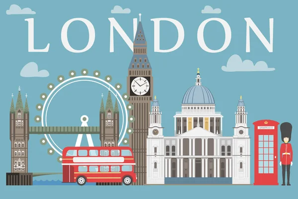 London Reise-Info-Grafik. Vektor Illustration, Big Ben, Auge, Turmbrücke und Doppeldeckerbus, Polizeibox, St. Pauls Kathedrale, Königinnen-Wachen, Telefon. — Stockvektor