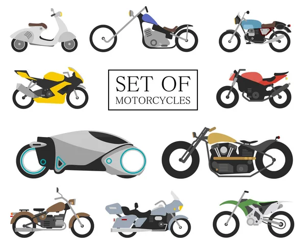 Reihe von Motorrad-Ikonen. Retro und moderne Flachfahrräder. Renn- und Straßenmotorräder. Roller auf weiß. — Stockvektor