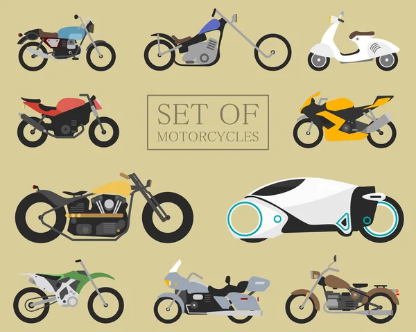 Conjunto de ícones de motocicleta. retro e modernas bicicletas planas. corridas e motos de rua. scooter em branco . — Vetor de Stock