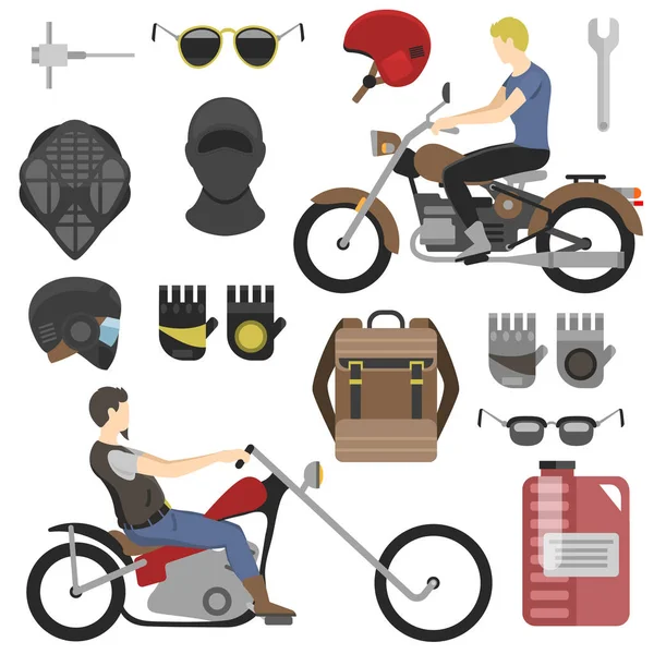 Två motorcyklist med tillbehör set. hjälmar, ryggsäck och motorolja. verktyg, solglasögon, mask och handskar. — Stock vektor