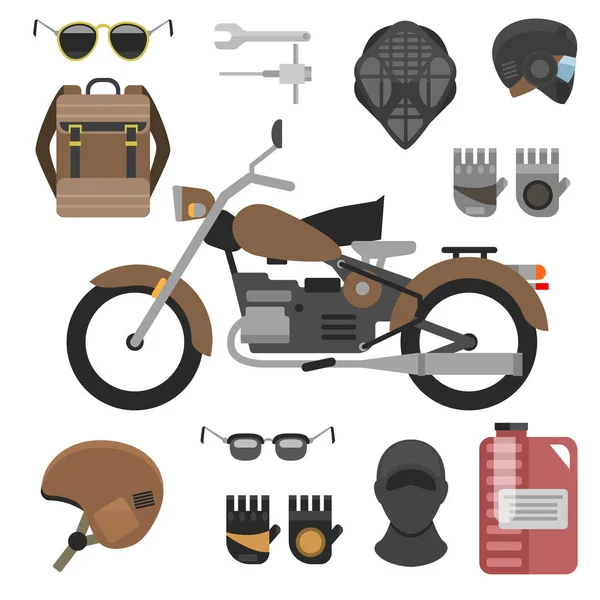 Motorcykel med tillbehör set. hjälmar, ryggsäck och motorolja. verktyg, solglasögon, mask och handskar. — Stock vektor