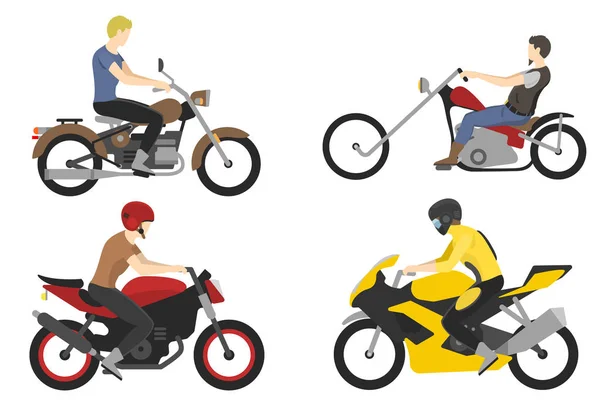 Cuatro motociclista con accesorios conjunto. cascos, mochila y aceite de motor . — Vector de stock