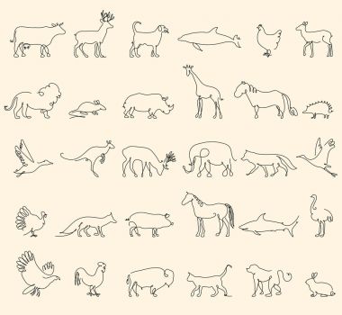 Bir satır hayvanlar hazır, logolar. hisse senedi illüstrasyon vektör. Türkiye'de ve inek, domuz ve kartal, zürafa ve at, köpek ve kedi, fox ve kurt, Yunus ve köpekbalığı, geyik ve fil, leylek ve tavuk.