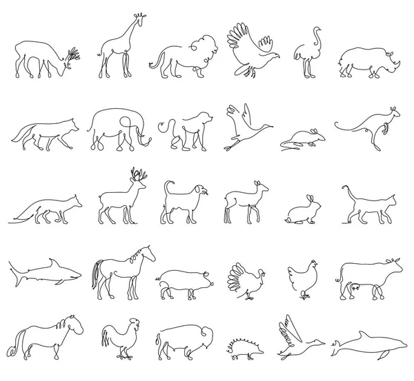 One line animals set, logos. vector stock illustration. Turkey and cow, pig and eagle, giraffe and horse, dog and cat, fox and wolf, dolphin and shark, deer and elephant, stork and chicken. — Stock Vector