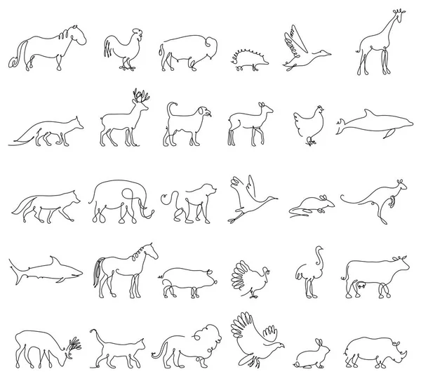 One line animals set, logos. vector stock illustration. Turkey and cow, pig and eagle, giraffe and horse, dog and cat, fox and wolf, dolphin and shark, deer and elephant, stork and chicken. — Stock Vector