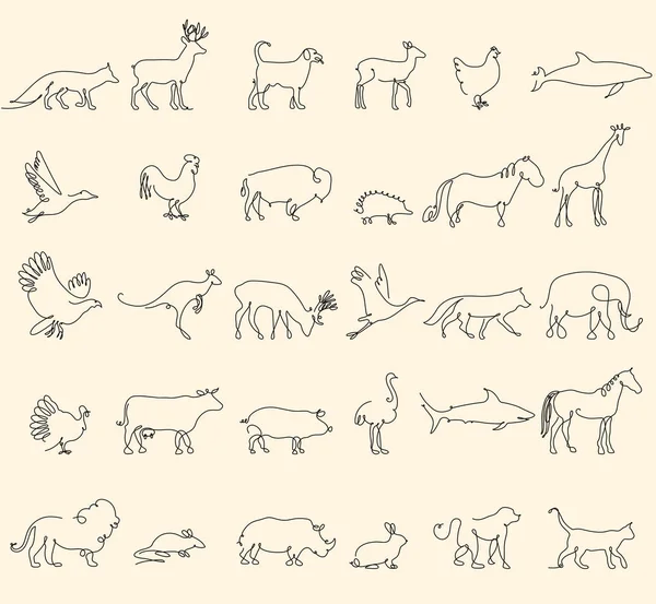 Uma linha de animais, logótipos. ilustração de estoque vetorial. Turquia e vaca, porco e águia, girafa e cavalo, cão e gato, raposa e lobo, golfinho e tubarão, veado e elefante, cegonha e galinha . —  Vetores de Stock