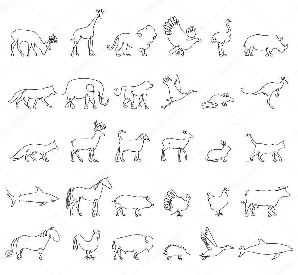 One line animals set, logos. vector stock illustration. Turkey and cow, pig and eagle, giraffe and horse, dog and cat, fox and wolf, dolphin and shark, deer and elephant, stork and chicken
