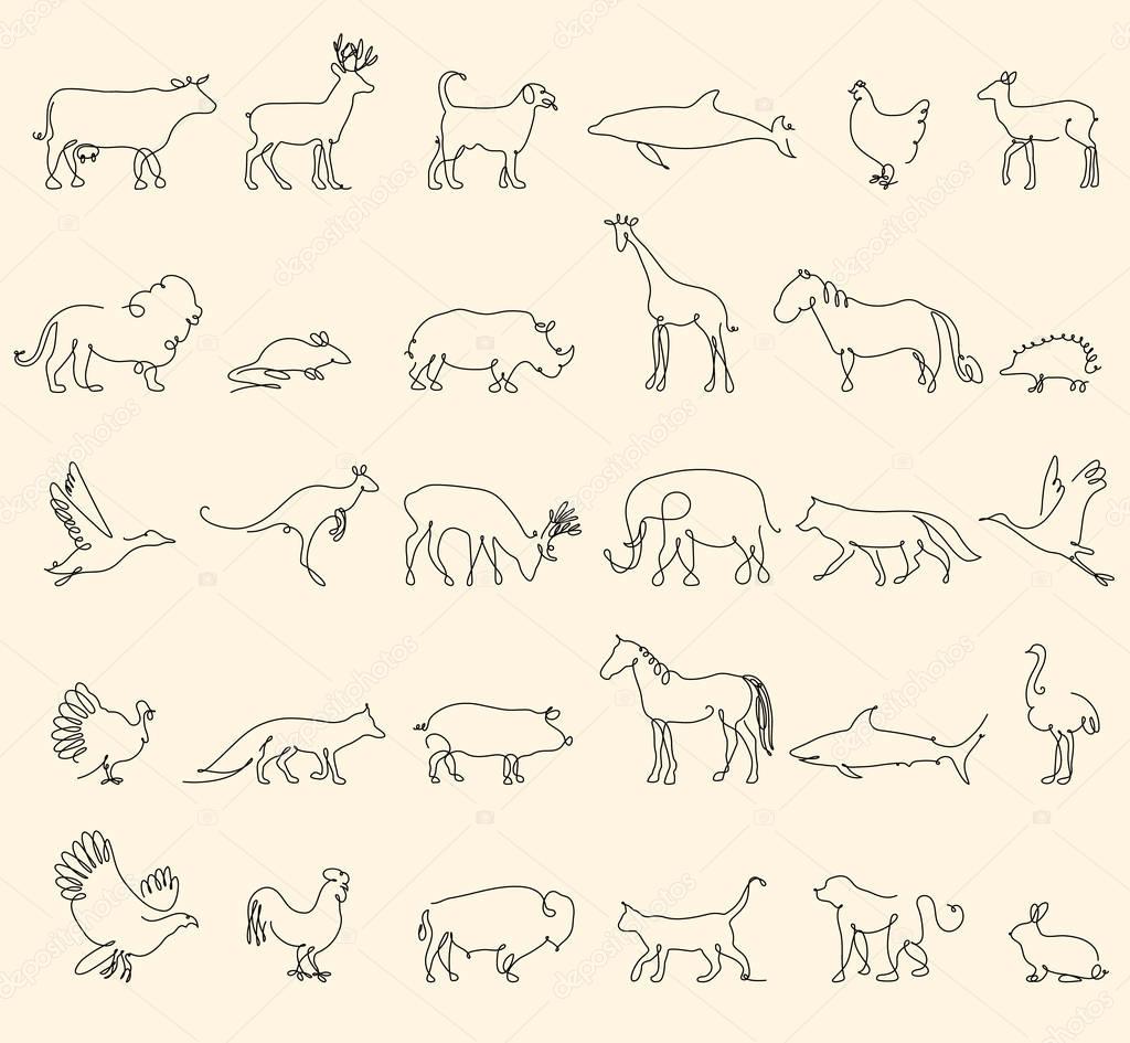 One line animals set, logos. vector stock illustration. Turkey and cow, pig and eagle, giraffe and horse, dog and cat, fox and wolf, dolphin and shark, deer and elephant, stork and chicken