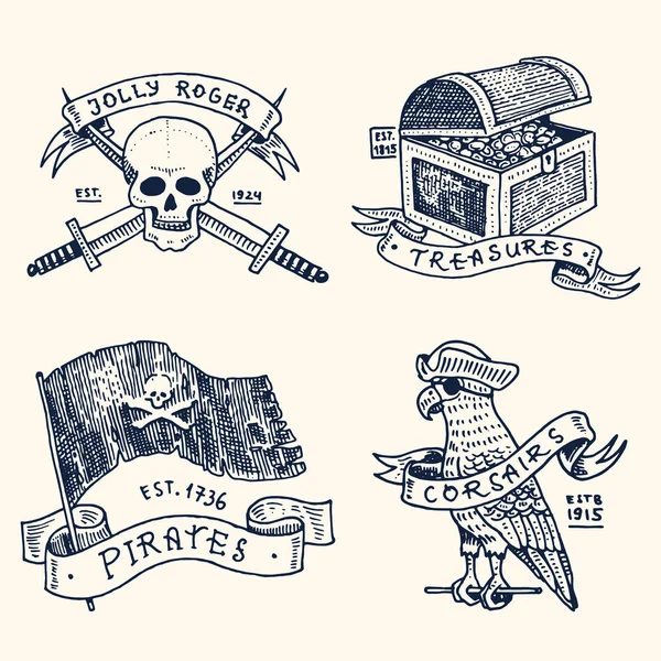 Zestaw grawerowane, ręcznie rysowane, stary, etykiety lub odznaki dla korsarzy, czaszka na kotwicy, skarby, flaga, Karaiby papuga. Jolly roger. Morze, ocean godło lub piratów morskich i morskie. — Wektor stockowy