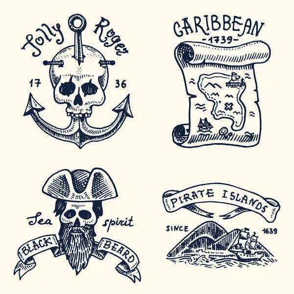 Ensemble d'étiquettes ou d'insignes gravés, dessinés à la main, anciens, pour corsaires, crâne à l'ancre, carte au trésor, barbe noire, île des Caraïbes. Jolly Roger. Pirates marins et nautiques ou marins, emblème de l'océan . — Image vectorielle