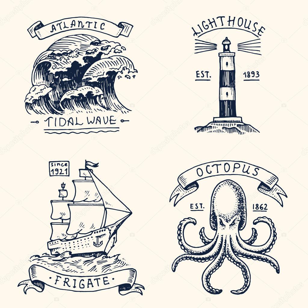 set of engraved vintage, hand drawn, old, labels or badges for atlantic tidal wave, lighthouse and octopus or sea creature, frigate or ship. Marine and nautical or sea, ocean emblems.