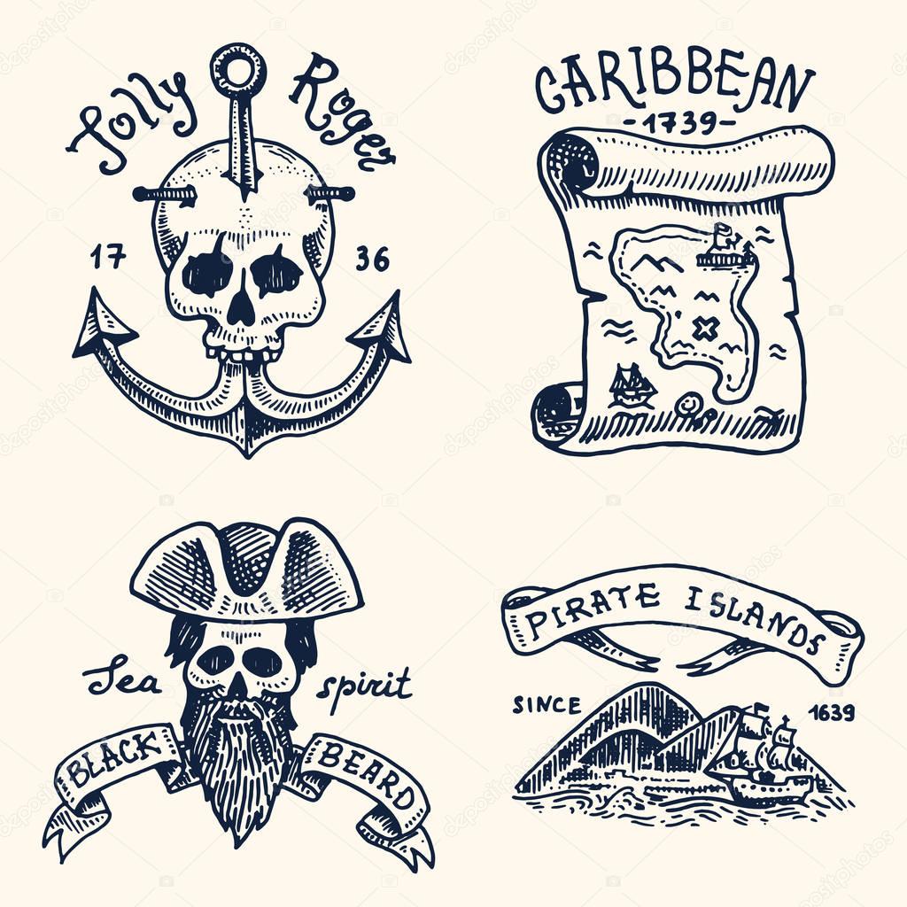 set of engraved, hand drawn, old, labels or badges for corsairs, skull at anchor, map to treasure, black beard, Caribbean island. Jolly roger. Pirates marine and nautical or sea, ocean emblem.