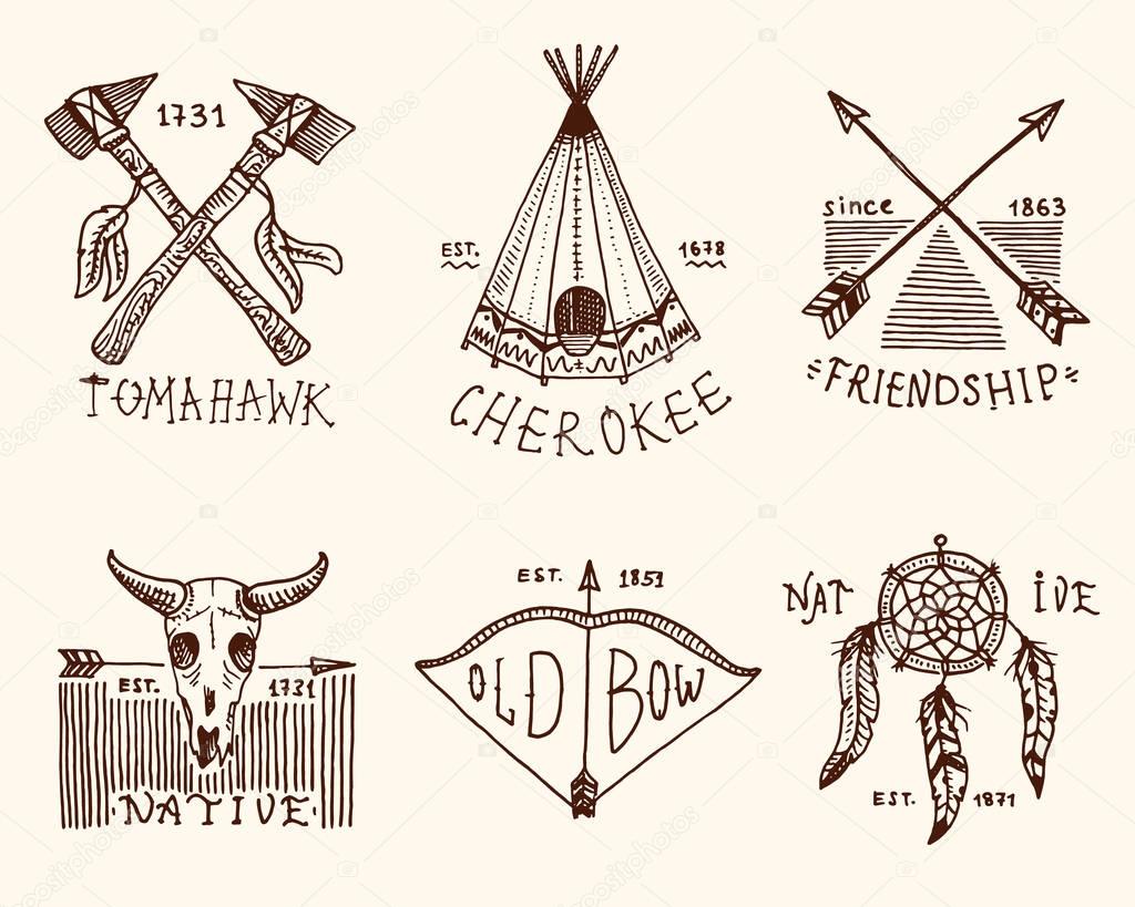 Set of engraved vintage, hand drawn, old, labels or badges for indian or native american. buffalo, axes and tent, arrows and bow, skull, Dreamcatcher and cherokee, tomahawk