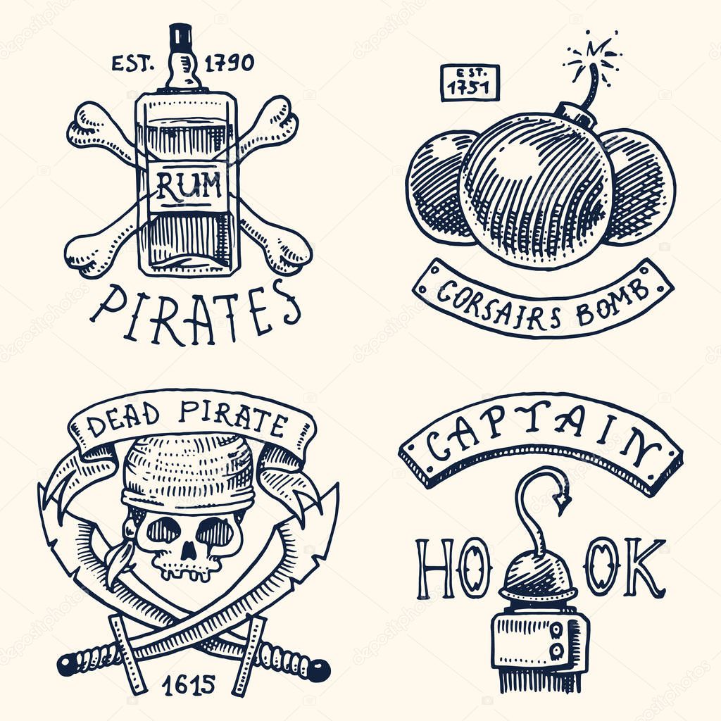 set of engraved, hand drawn, old, labels or badges for corsairs, bottle of rum and bone, bomb, skull with sabers, hook. Jolly roger. Pirates marine and nautical or Caribbean sea, ocean emblems.