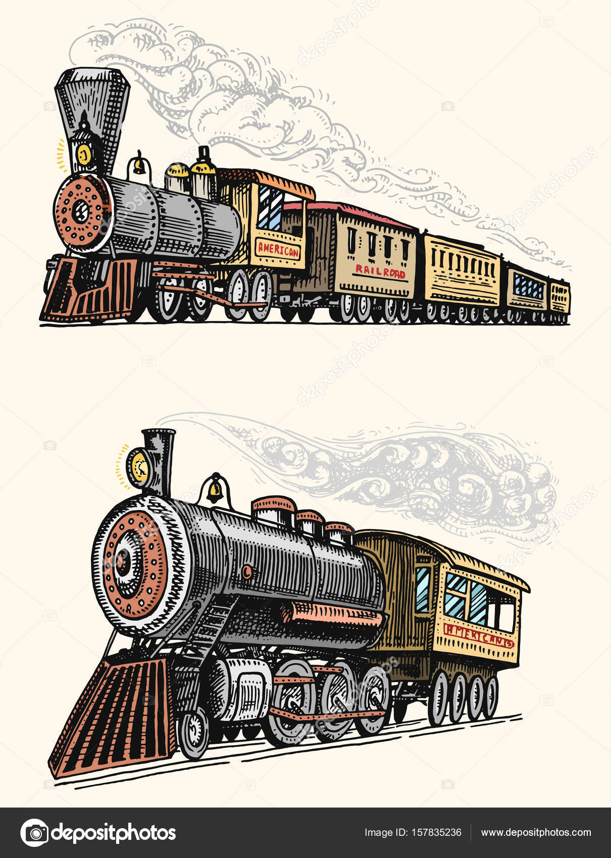 Gravado vintage, desenhado à mão, locomotiva antiga ou trem com vapor na  ferrovia americana. transporte retro . imagem vetorial de ArthurBalitskiy©  157835236