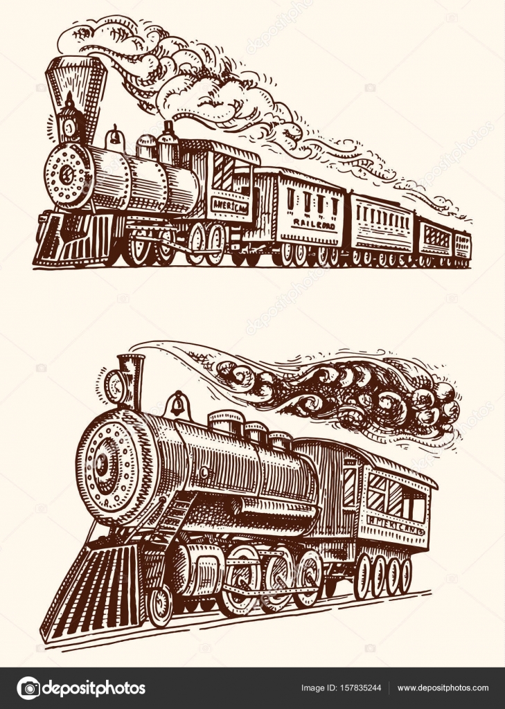 Gravado vintage, desenhado à mão, locomotiva antiga ou trem com vapor na  ferrovia americana. transporte retro . imagem vetorial de ArthurBalitskiy©  157835278
