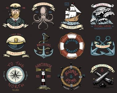 oyulmuş vintage ayarla, çekilmiş, eski, etiket veya çapa, direksiyon simidi, kaptanları kap, pusula için rozetleri teslim. Deniz ve deniz ya da deniz, okyanus Amblemler. her zaman Anasayfa.
