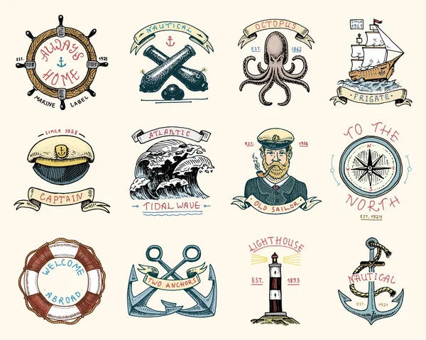 刻まれたヴィンテージ、手描き、古い、ラベルまたは生命リング、キャノン ボール、パイプでキャプテンのバッジのセットです。こそ、2 つのアンカー、セーラー。海洋と航海海や海のエンブレム. — ストックベクタ