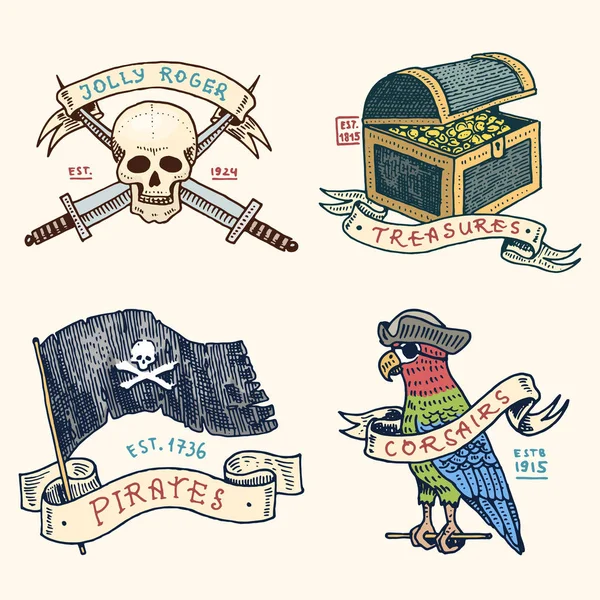 Ensemble d'étiquettes ou d'insignes gravés, dessinés à la main, anciens, pour corsaires, crâne à l'ancre, trésors, drapeau, perroquet des Caraïbes. Jolly Roger. Pirates marins et nautiques ou marins, emblème de l'océan . — Image vectorielle