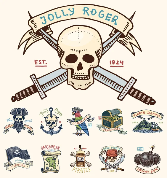 Ensemble d'étiquettes ou d'insignes gravés, dessinés à la main, anciens, pour corsaires, crâne à l'ancre, trésors, drapeau, perroquet des Caraïbes. Jolly Roger. Pirates marins et nautiques ou marins, emblème de l'océan . — Image vectorielle