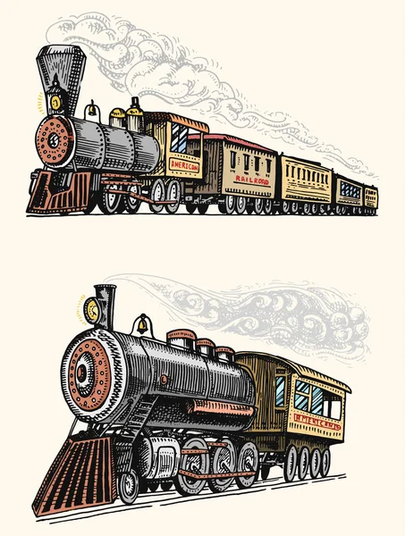 Grabado vintage, dibujado a mano, locomotora vieja o tren con vapor en ferrocarril americano. transporte retro . — Archivo Imágenes Vectoriales
