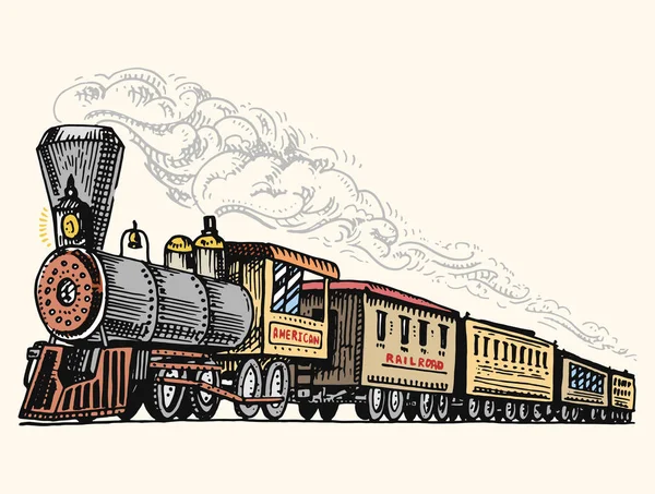 Engraved vintage, hand drawn, old locomotive or train with steam on american railway. retro transport. — Stock Vector