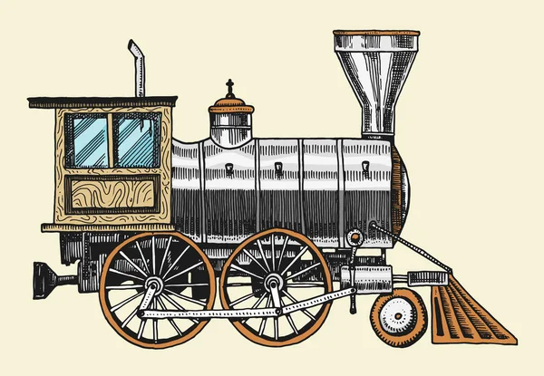 Engraved vintage, hand drawn, old locomotive or train with steam on american railway. retro transport. — Stock Vector