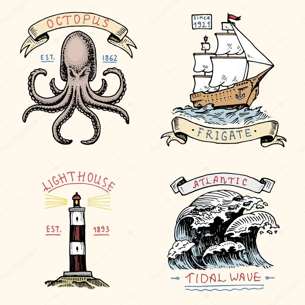 Set of engraved vintage, hand drawn, old, labels or badges for atlantic tidal wave, lighthouse and octopus or sea creature, frigate or ship. Marine and nautical or sea, ocean emblems