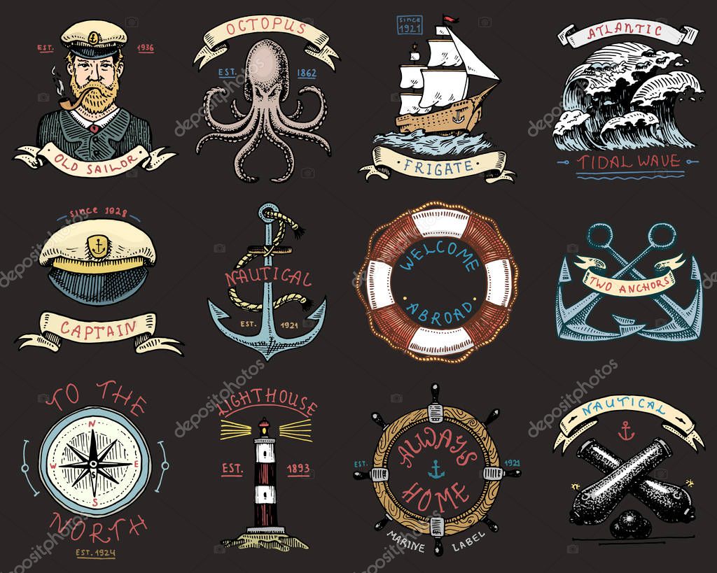 Set of engraved vintage, hand drawn, old, labels or badges for anchor, steering wheel, captains cap, compass. Marine and nautical or sea, ocean emblems. always home