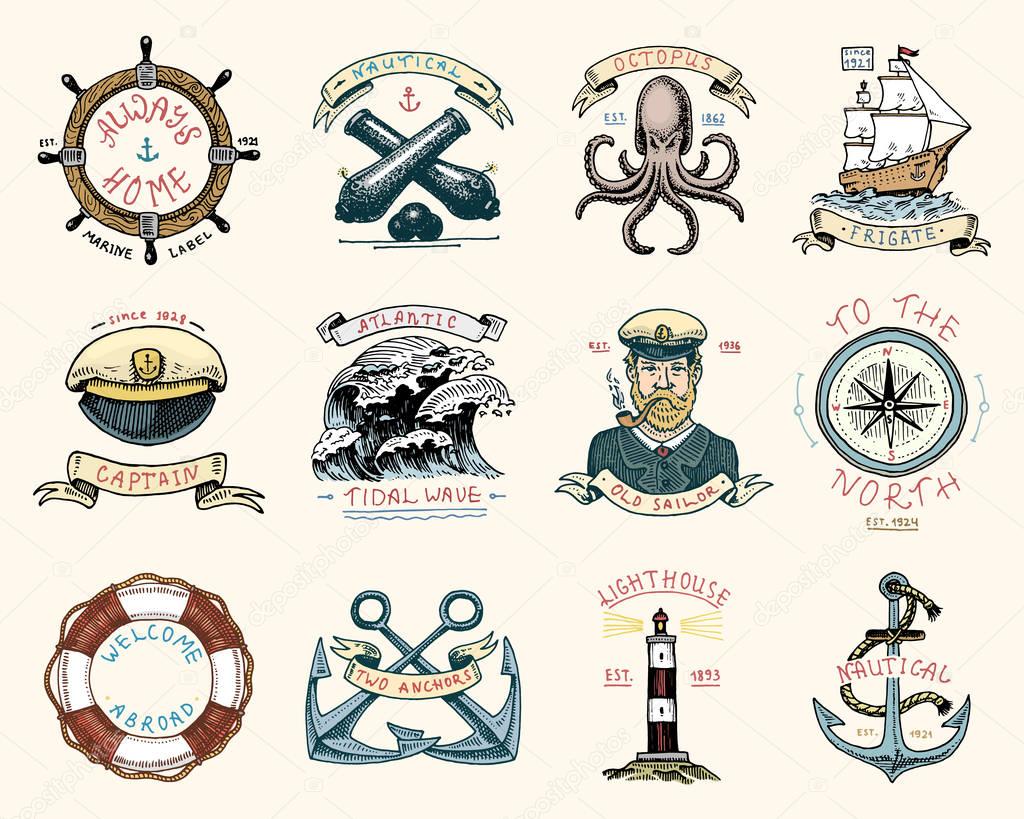 Set of engraved vintage, hand drawn, old, labels or badges for a life ring, a cannon ball, a captain with a pipe. welcome aboard, two anchors, sailor. Marine and nautical or sea, ocean emblems
