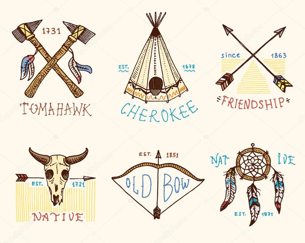 Set of engraved vintage, hand drawn, old, labels or badges for indian or native american. buffalo, axes and tent, arrows and bow, skull, Dreamcatcher and cherokee, tomahawk
