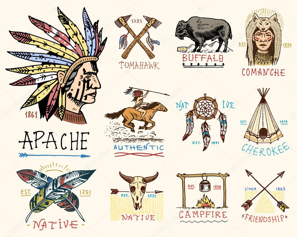 Set of engraved vintage, hand drawn, old, labels or badges for indian or native american. buffalo, face with feathers, horse rider, apache or comanche, campfire and authentic