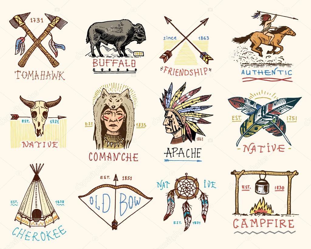 Set of engraved vintage, hand drawn, old, labels or badges for indian or native american. buffalo, axes and tent, arrows and bow, skull, Dreamcatcher and cherokee, tomahawk