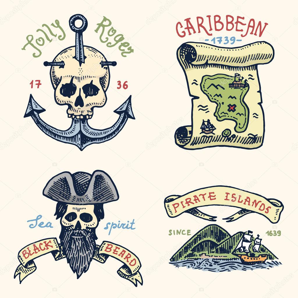 set of engraved, hand drawn, old, labels or badges for corsairs, skull at anchor, map to treasure, black beard, Caribbean island. Jolly roger. Pirates marine and nautical or sea, ocean emblem.