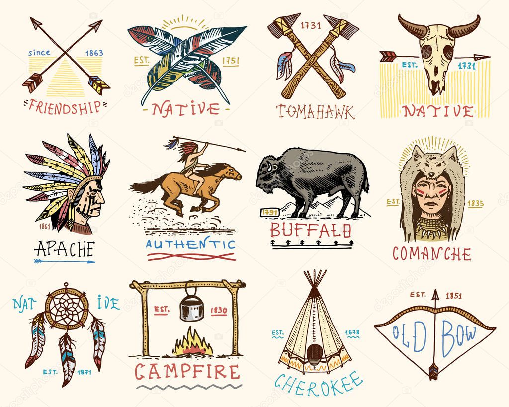 Set of engraved vintage, hand drawn, old, labels or badges for indian or native american. buffalo, face with feathers, horse rider, apache or comanche, campfire and authentic