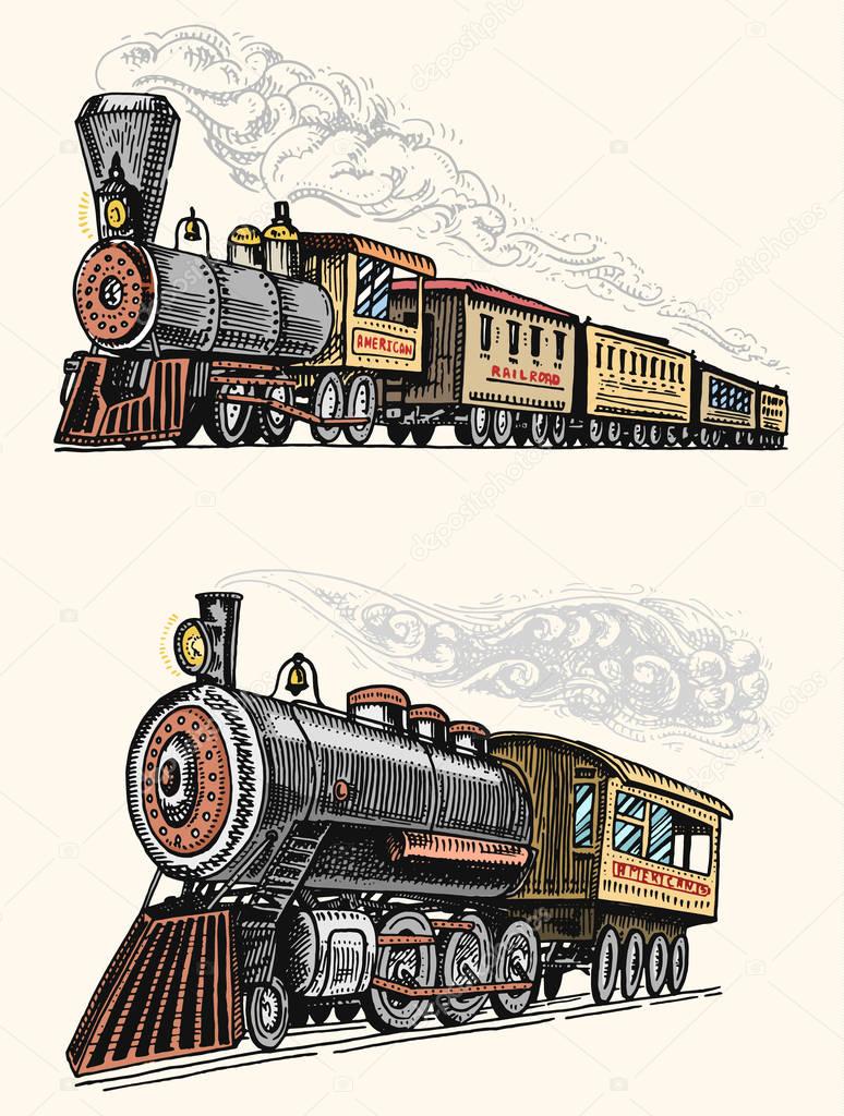 Engraved vintage, hand drawn, old locomotive or train with steam on american railway. retro transport
