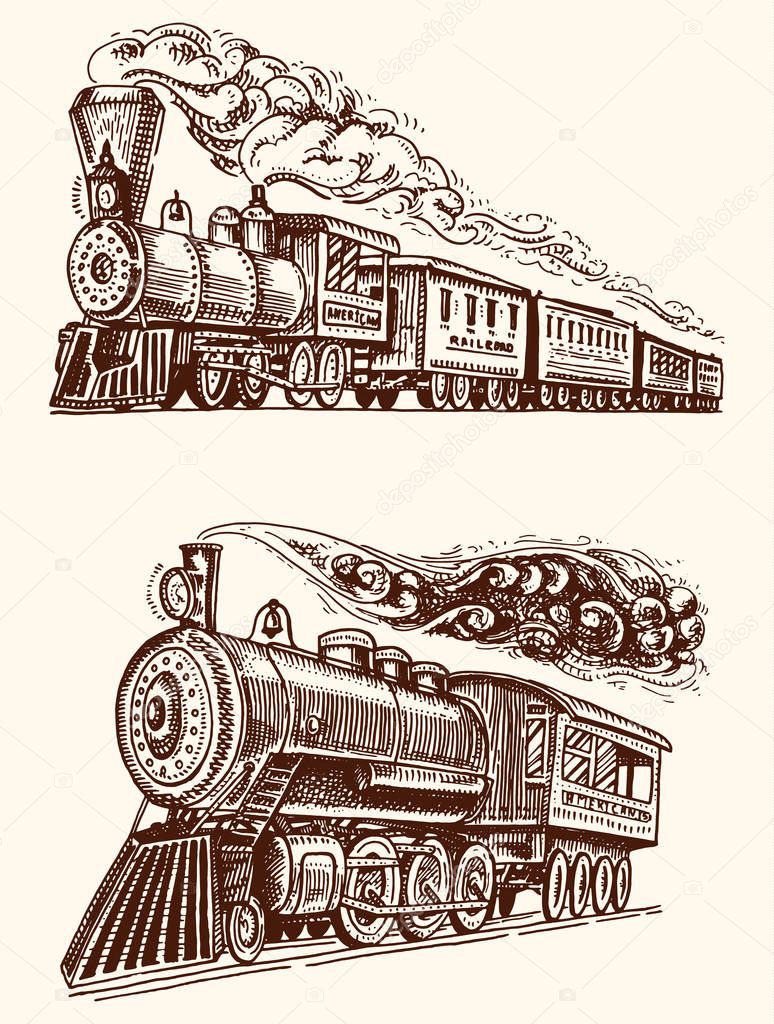 Engraved vintage, hand drawn, old locomotive or train with steam on american railway. retro transport