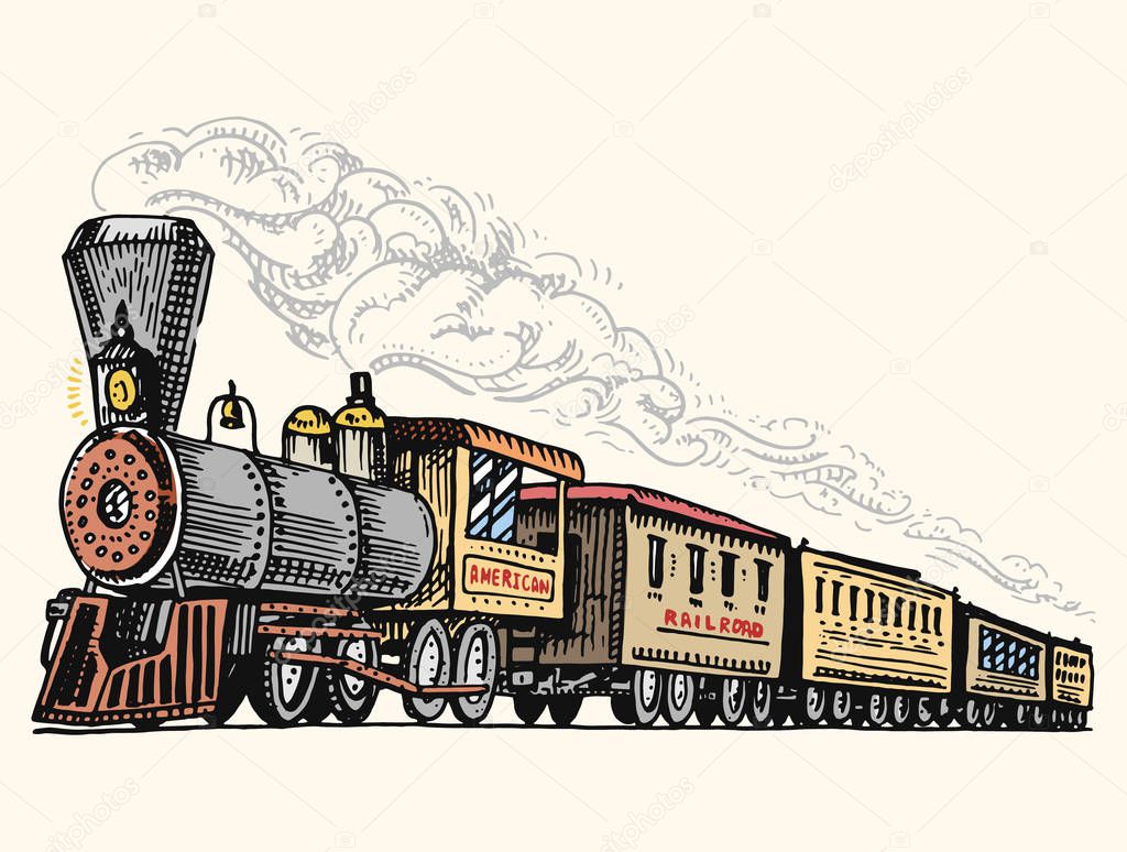 Engraved vintage, hand drawn, old locomotive or train with steam on american railway. retro transport
