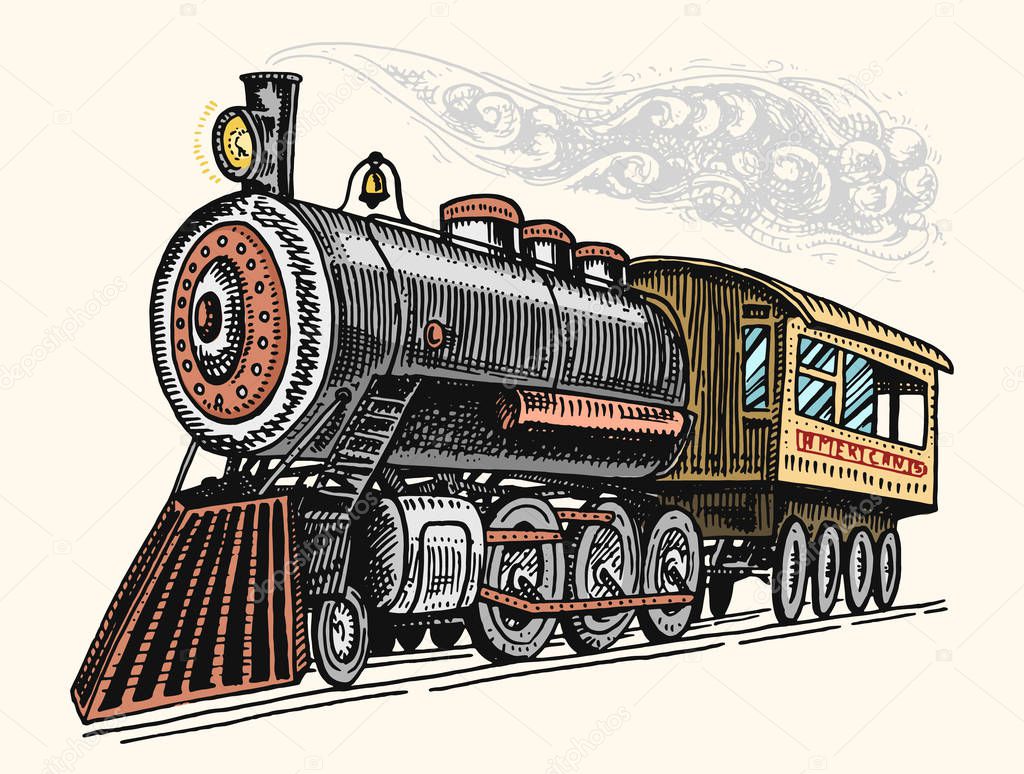 Engraved vintage, hand drawn, old locomotive or train with steam on american railway. retro transport