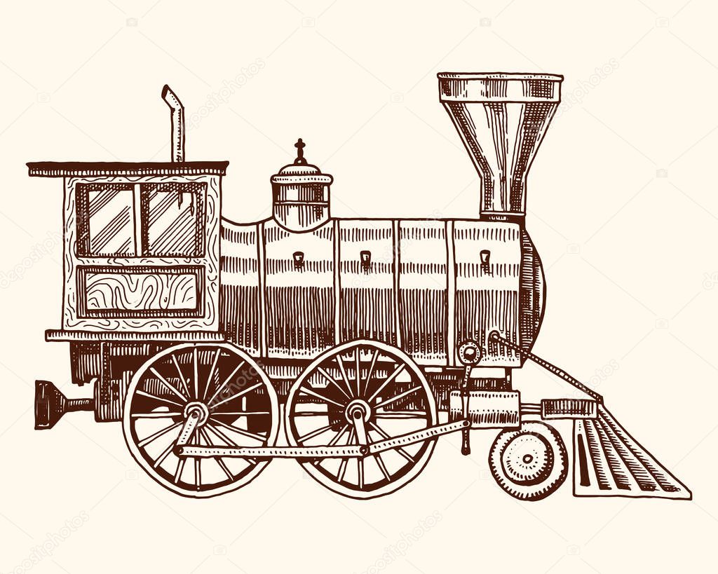 Engraved vintage, hand drawn, old locomotive or train with steam on american railway. retro transport