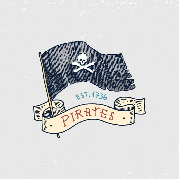 Conjunto de grabado, dibujado a mano, viejo, etiquetas o insignias para corsarios, cráneo en la bandera. Jolly Roger. Piratas marinos y náuticos o marinos, emblema del océano . — Vector de stock